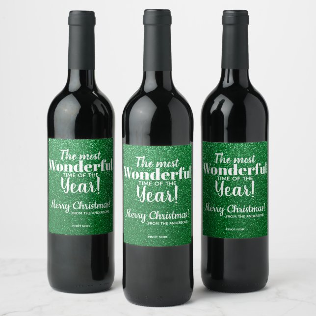 Merry Christmas Green Glitter Wine Label (Bottles)