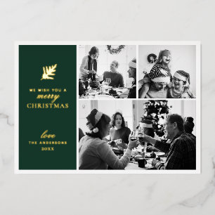 Merry Christmas. Green gold collage multi photo Foil Holiday Card