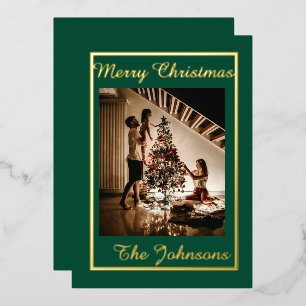 Merry Christmas Green Gold Simple Modern Photo  Foil Holiday Card