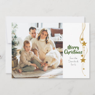 Merry Christmas Green Gold Stars Modern Photo Holiday Card