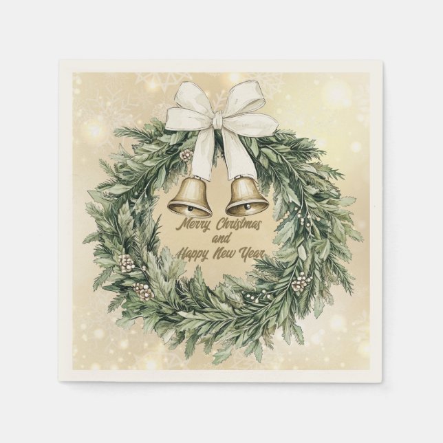 Merry Christmas  Green Gold White Wreath Napkin (Front)