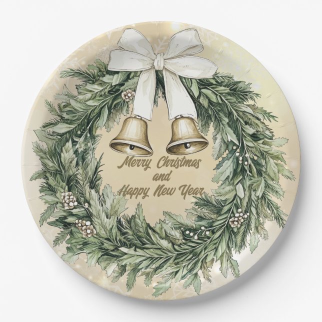 Merry Christmas  Green Gold White Wreath Paper Plate (Front)