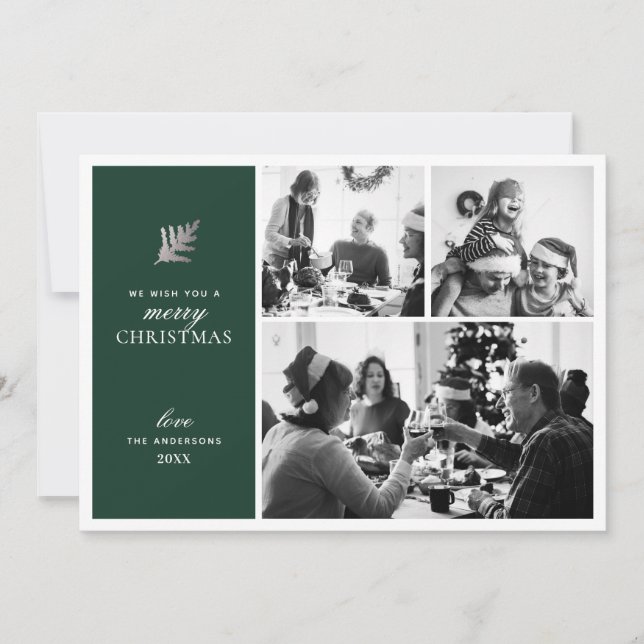 Merry Christmas. Green modern collage multi photo Holiday Card (Front)