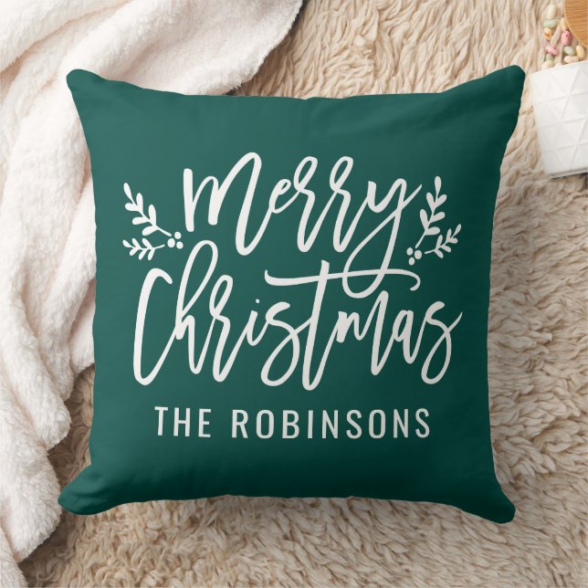 Merry Christmas Green Modern Custom Family Throw Pillow (Blanket)