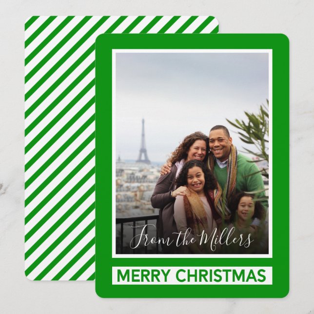 Merry Christmas Green Modern Diagonal Lines Photo Holiday Card (Front/Back)
