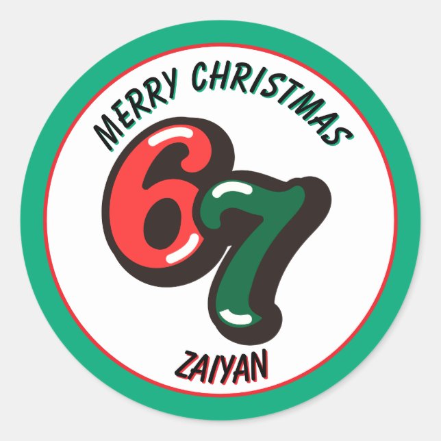 Merry Christmas Green Numbers 6 & 7 Custom Name Classic Round Sticker (Front)