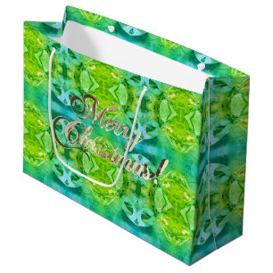 Merry Christmas Green Pattern Faux Gold Script Large Gift Bag