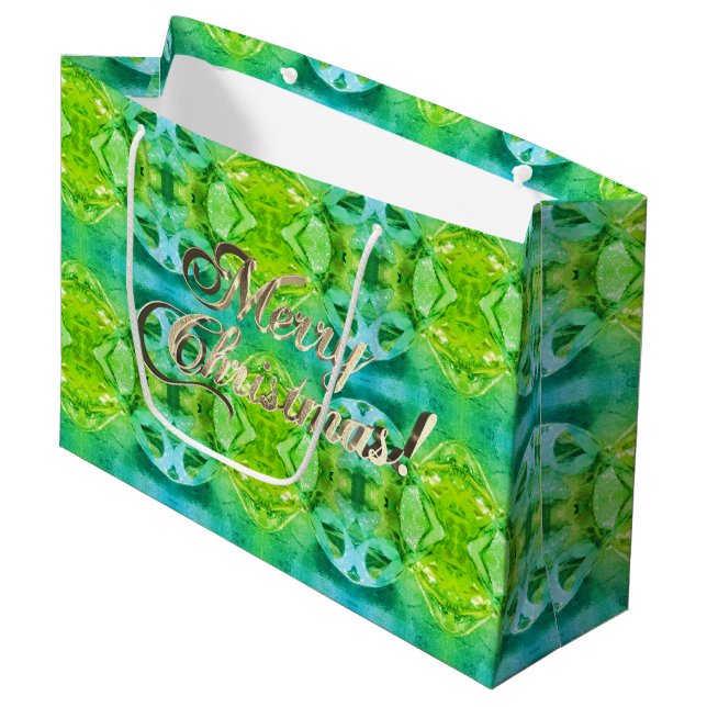 Merry Christmas Green Pattern Faux Gold Script Large Gift Bag (Front Angled)