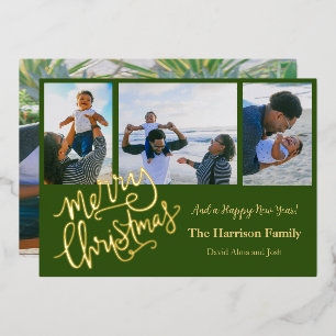 Merry Christmas Green Personalized Photo Gold Foil Holiday Card