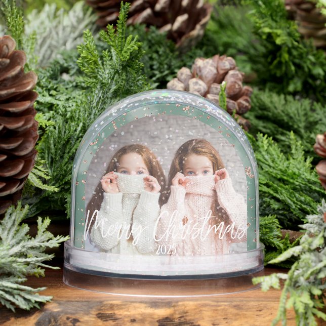 Merry Christmas Green Personalized Photo Snowglobe (Winter)