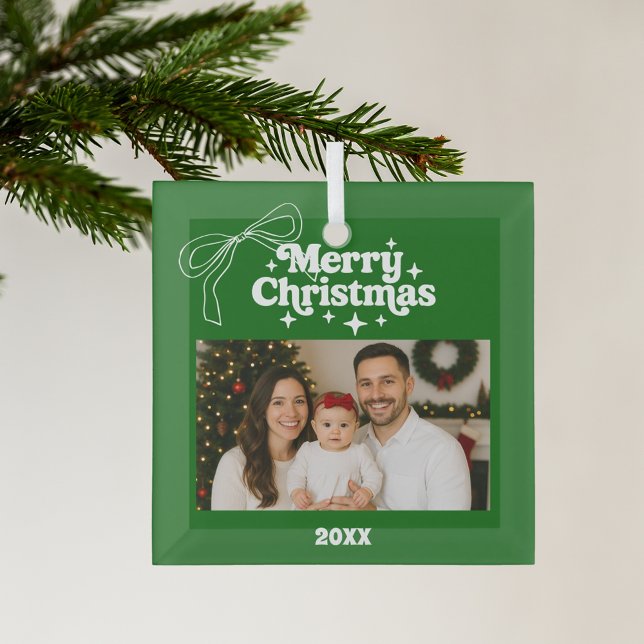 Merry Christmas green photo bow hand-drawn retro Glass Ornament (Creator Uploaded)