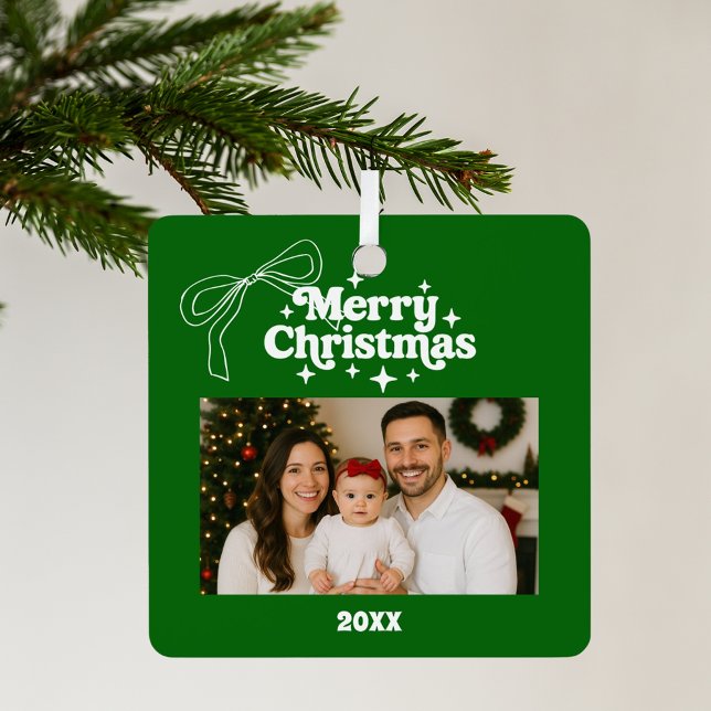 Merry Christmas green photo bow hand-drawn retro Metal Ornament (Creator Uploaded)