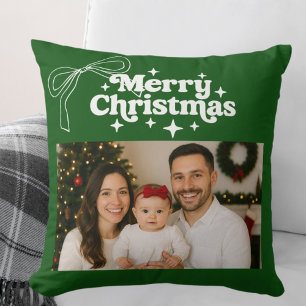Merry Christmas green photo bow hand-drawn Throw Pillow