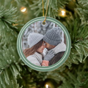 Merry Christmas Green Photo Ceramic Ornament