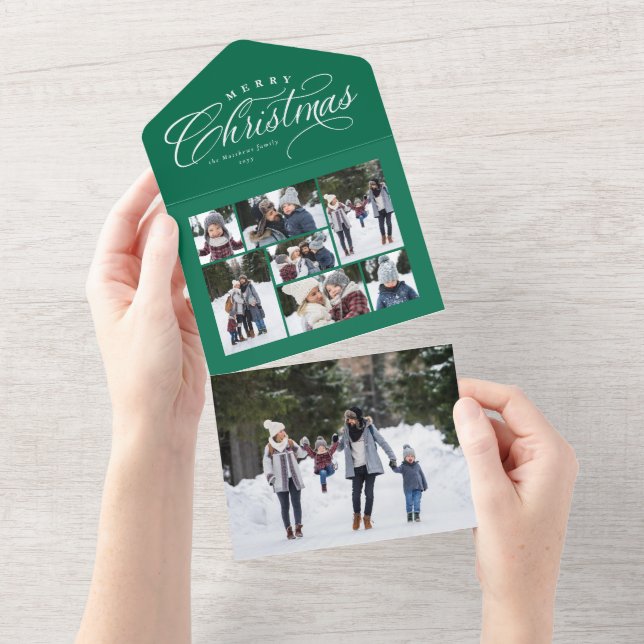 Merry Christmas green photo collage unique trifold All In One Invitation (Tearaway)
