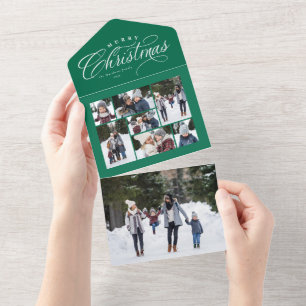 Merry Christmas green photo collage unique trifold All In One Invitation