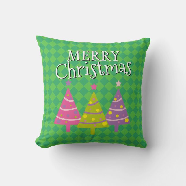 Merry Christmas Green Pink Trees  Throw Pillow (Front)