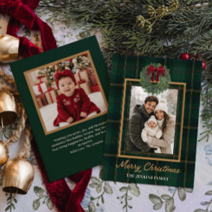 Merry Christmas Green Plaid and Wreath Photo  Invitation