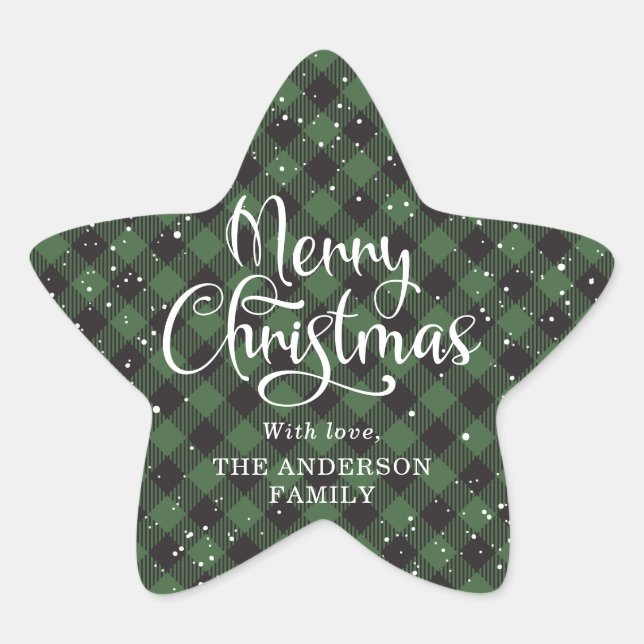 Merry Christmas Green Plaid Calligraphy Snow Star Sticker (Front)