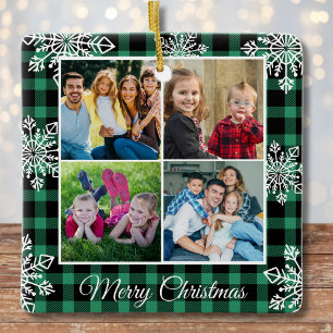 Merry Christmas Green Plaid Snowflakes 4 Photo  Ceramic Ornament