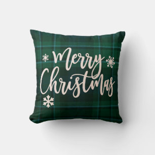 Merry Christmas Green Plaid Throw Pillow