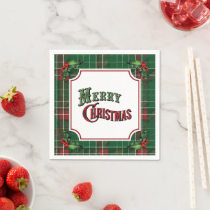 Merry Christmas Green Plaid with Holly Napkin
