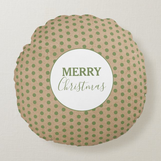 Merry Christmas Green Polka Dots Kraft Rustic Round Pillow (Front)