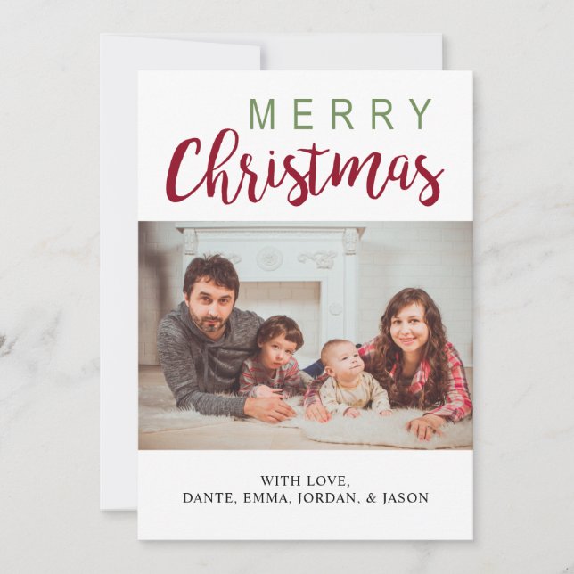 Merry Christmas Green Red Family Photo Simple Chic Holiday Card (Front)