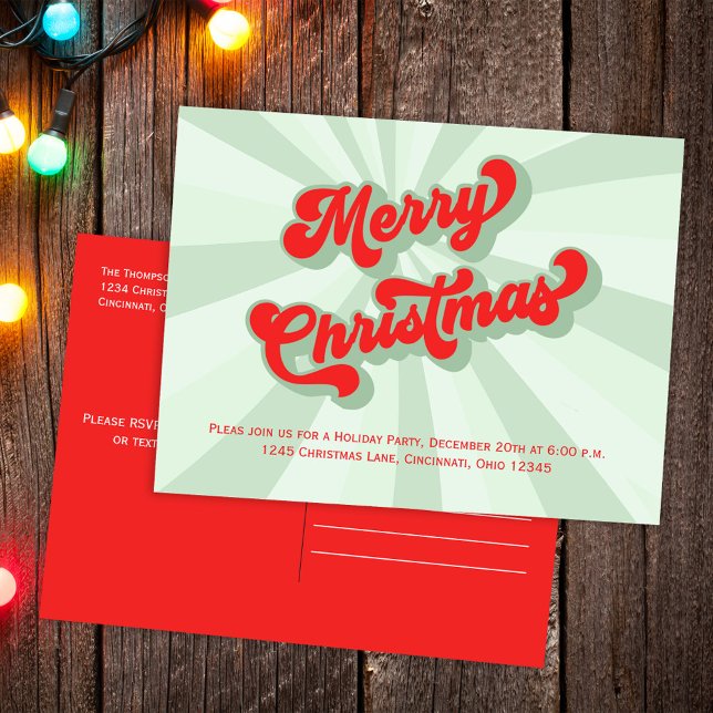 Merry Christmas Green Red Fun Retro Typography  Postcard (Merry Christmas Whimsical typography with red and green retro style.)