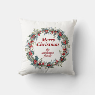 Merry Christmas Green Red Holly Berry Wreath Throw Pillow
