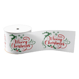 Merry Christmas Green Red On White Grosgrain Ribbon