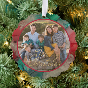 Merry Christmas Green Red Photo Template Ornament Card