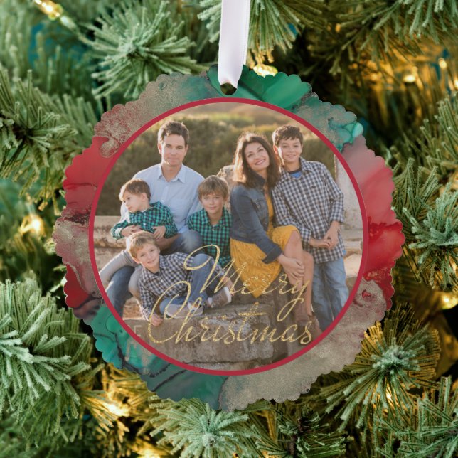 Merry Christmas Green Red Photo Template Ornament Card (Insitu (Tree))