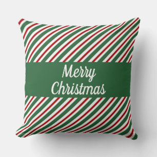 Merry Christmas Green Red Striped Throw Pillow