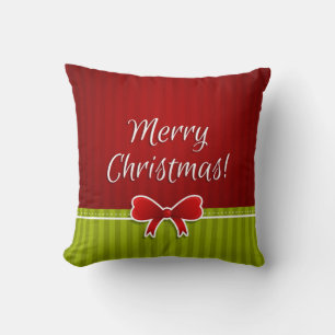 Merry Christmas Green Red Stripes Pattern and Bow Throw Pillow