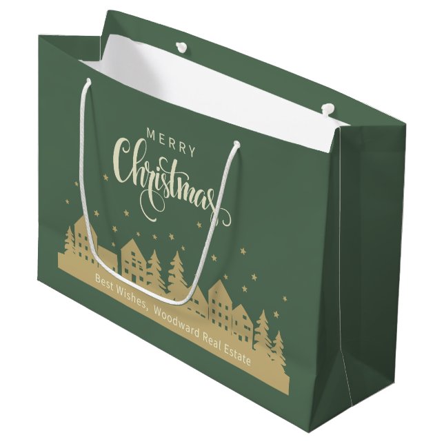 Merry Christmas Green Retro | Real Estate Clients Large Gift Bag (Front Angled)