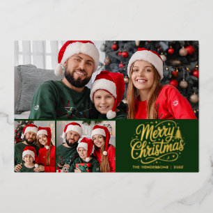 Merry Christmas Green Script 3 Family Photo Foil Holiday Card