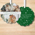 merry christmas green script 3 photos collage chic ornament card<br><div class="desc">background photos by freepik.com
elegant stylish merry christmas green script three photos collage Ornament Card</div>