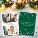 merry christmas green script 3 photos collage holiday card<br><div class="desc">background deco by freepik.com
elegant merry christmas green script three photos collage holiday Note Card 
two sided card, on the back side holiday message, custom.</div>