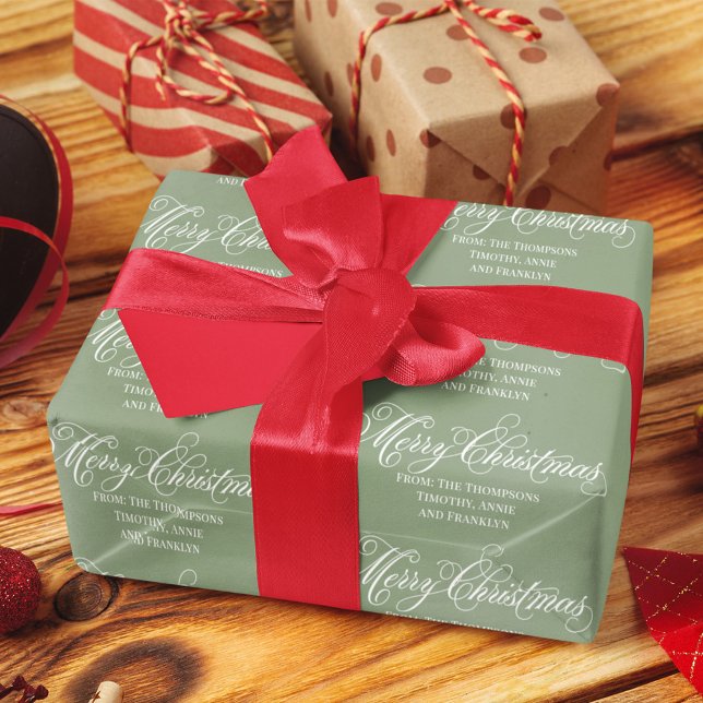 Merry Christmas Green Script Classic Elegant Wrapping Paper (Merry Christmas customized with your name and greeting. )