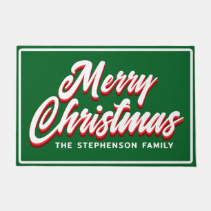 Merry Christmas Green Script Family Name Doormat