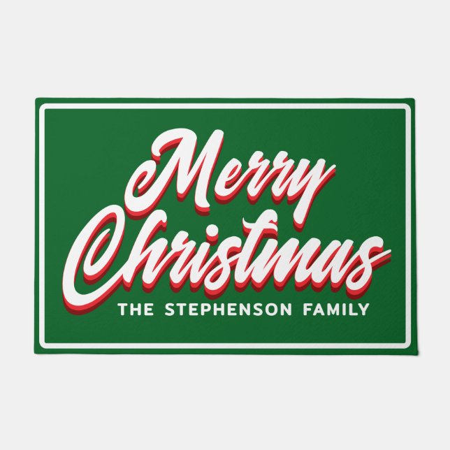 Merry Christmas Green Script Family Name Doormat (Front)