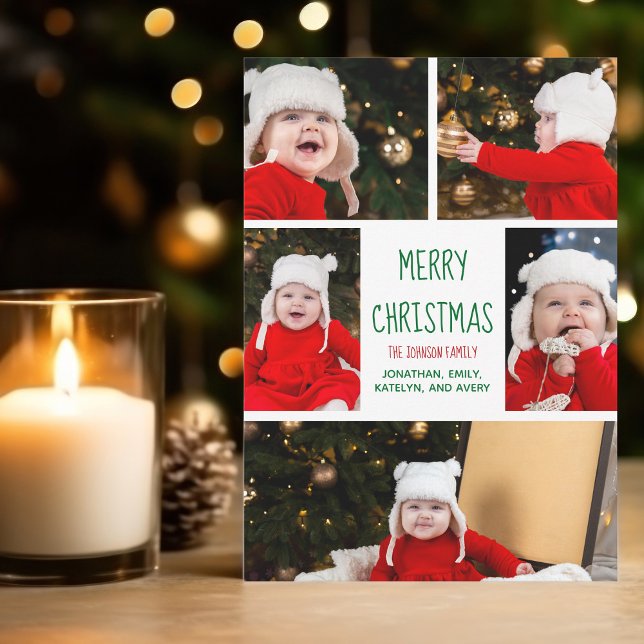 Merry Christmas Green Script Family Photo Collage Holiday Card (Creator Uploaded)