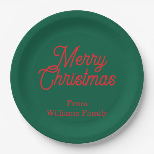Merry Christmas Green Script Holiday Paper Plate