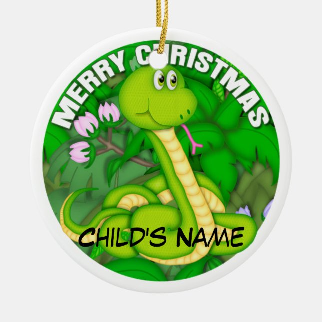 Merry Christmas Green Snake Ceramic Ornament (Front)