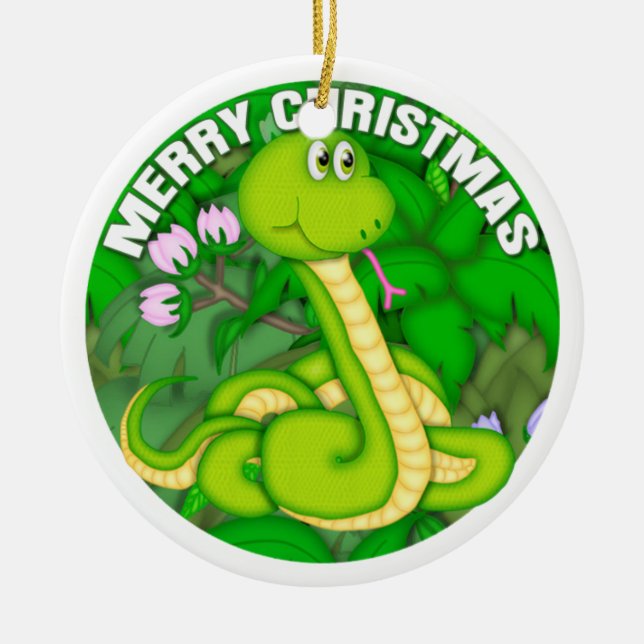 Merry Christmas Green Snake Ceramic Ornament (Front)