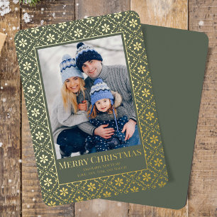 Merry Christmas Green Snowflake Gold 1 Photo Foil Holiday Card