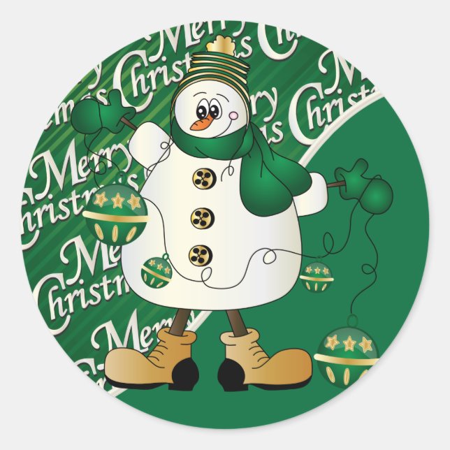 Merry Christmas Green Snowman Classic Round Sticker (Front)