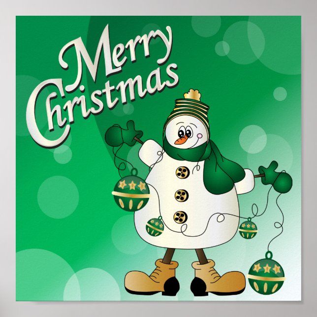 Merry Christmas Green Snowman Poster (Front)