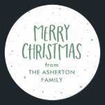 Merry Christmas green stars dots personalized gift Classic Round Sticker<br><div class="desc">Merry Christmas! This green and white holiday gift sticker is a fun and festive touch to all your Christmas presents. Featuring hand-drawn stars and dots along with a "Merry Christmas, " this simple gift tag design also has room for custom text. Find matching gift wrap as well as holiday photo...</div>